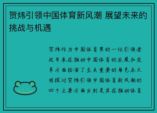 贺炜引领中国体育新风潮 展望未来的挑战与机遇